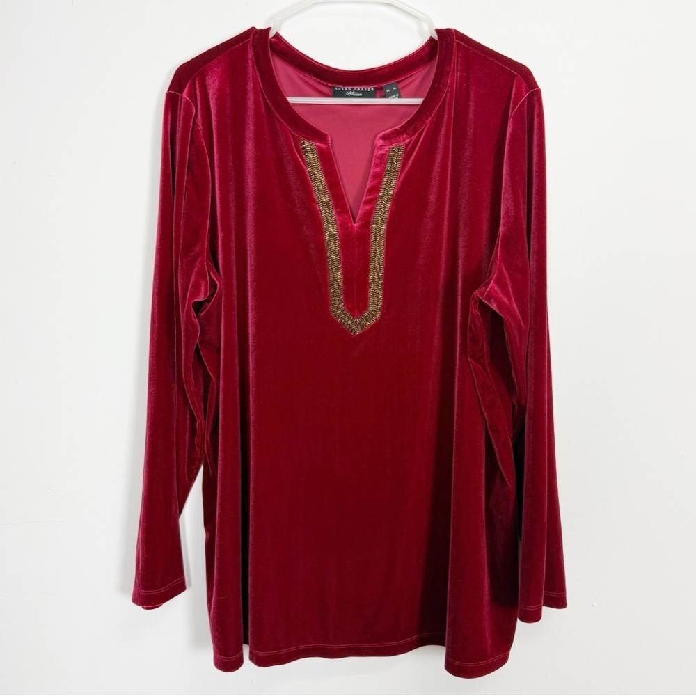 Susan Graver Artisan Shirt Womens XL Red Beaded Velour Long Sleeve VNeck Top